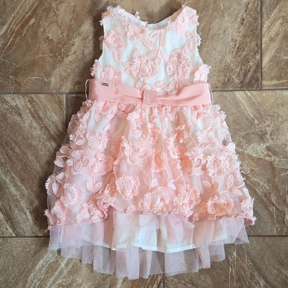 MAYORAL PINK AND WHITE EMBOSSED TULLE FLORAL DRESS, SIZE 2T